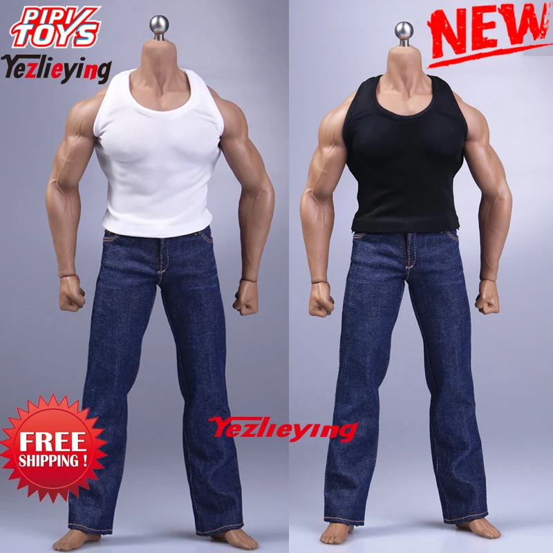 

1/6 Scale Action Figure Accessories Male/Man Clothes Set White/Black Vest & Blue Jeans Suit for 12Inch Muscle Body Doll Toys