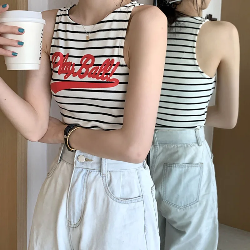 

Женский укороченный топ с круглым вырезом, простая летняя укороченная майка, женский укороченный топ в полоску, корейский облегающий жилет,...