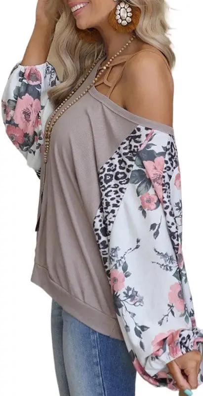 

Spring Summer New Printing Long Sleeve Round Neck Splicing Casual Loose Top T-shirt for Women