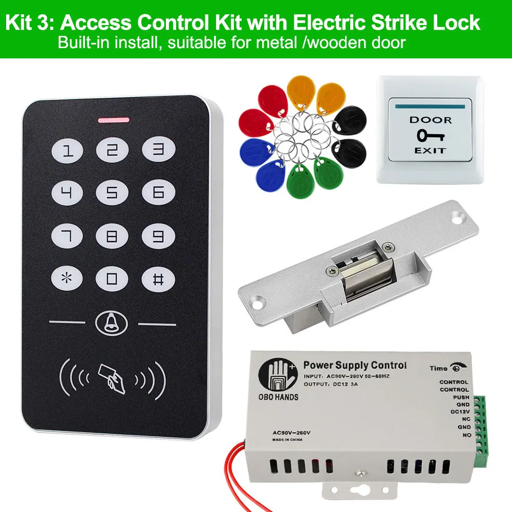 Kit3 Система контроля допуска к двери комплект RFID Клавиатура контроля доступа+ блок питания+ Электрический магнитный замок болт ударные замки+ 10 шт. ключи - Цвет: Kit3