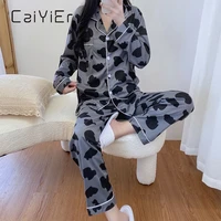caiyier korean women sleepwear long sleeve pajamas set cow print nightwear zebra leopard leisure pijamas cute heart lounge wear
