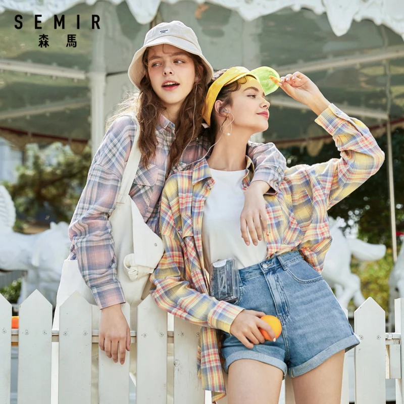 Женская клетчатая блузка SEMIR удобная рубашка из чистого хлопка с длинным рукавом