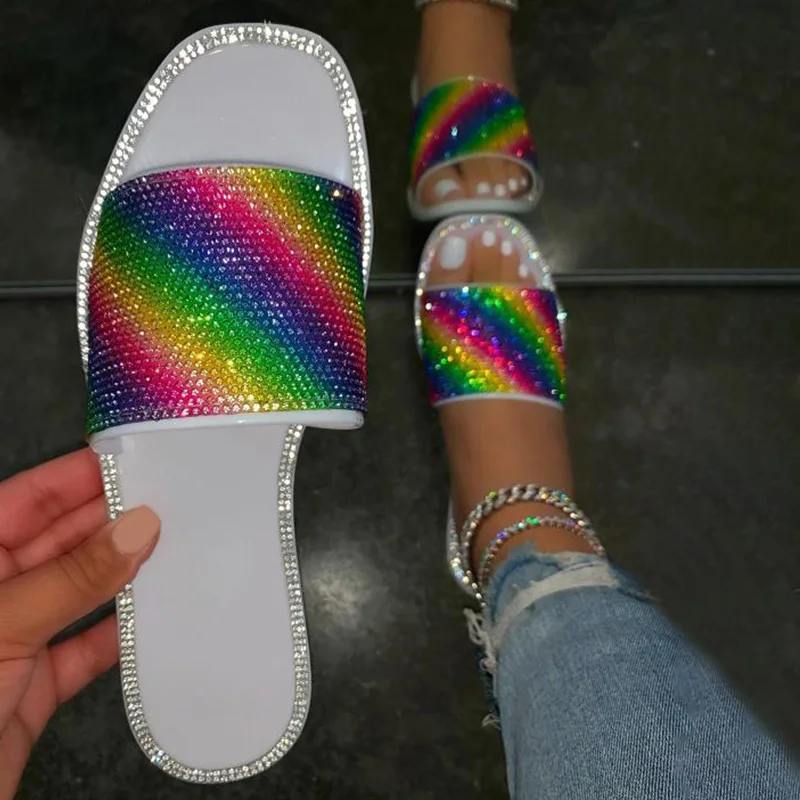 

Women Summer Slippers Crystal Rainbow Colors Flat Female Slides Casual Peep Toe Leather Ladies Footwear 2021 New Comfortable