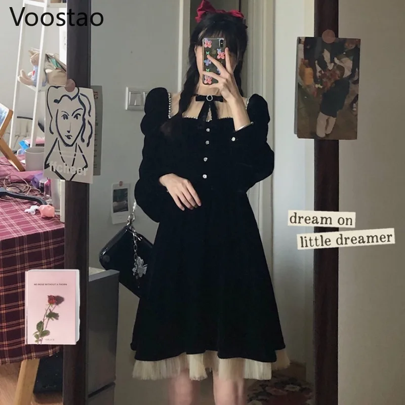 

Japanese Vintage Victorian Gothic Lolita Dress Women Tulle Patchwork Square Collar Velvet Dress Girls Bow Black Punk Dresses