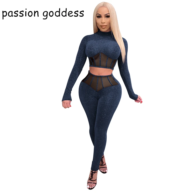 

Spring Autumn 2020 New Two Piece Outfits for Women Fashion Shiny Perspective Mesh Patchwork Hollow Out Sexy Two-piece Suit Sets