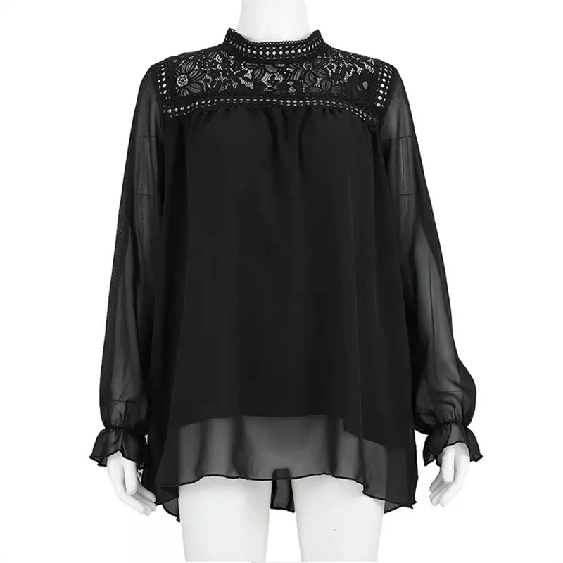 Блузка женская кружевная с длинным рукавом однотонная черная белая | Женская