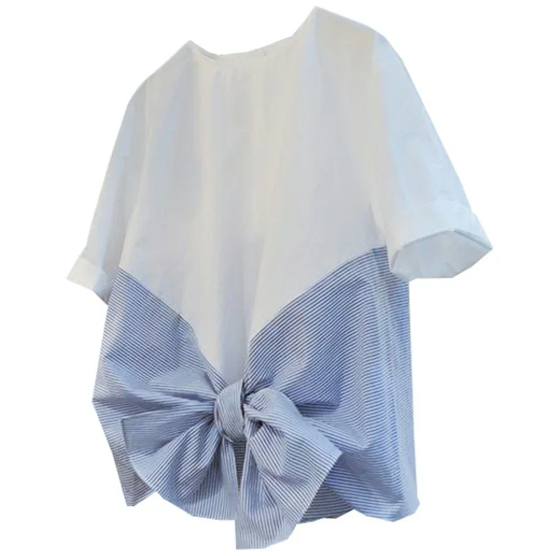 

Striped Patchwork T Shirts Women Spring 2021 Korean Fashion Bow O Neck Short Sleeve Ladies Tees Casual Female Tops