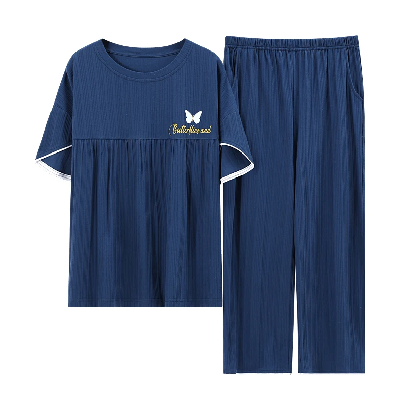 

Plus Size Soft Elegant Female Night Suit Spring Summer Cotton Pajamas Set For Women Round Neck Short Sleeve Homewear Sleepwear