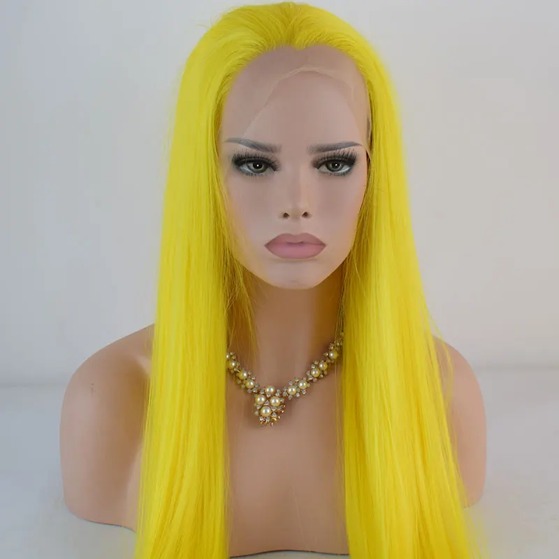 BM живой желтый Синтетический 13*6 парик фронта шнурка прямые жаропрочные волокна волос натуральный волос Расставание для женщин парики