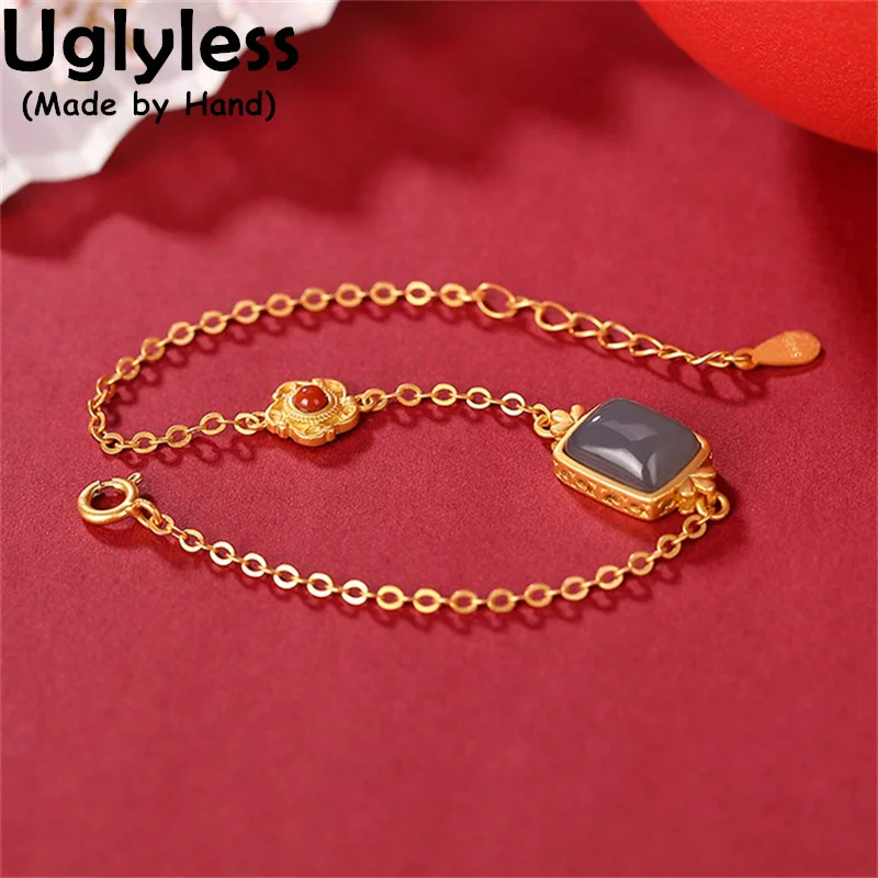 

Uglyless Simple Square Geometric Bracelets for Women Natural Jade Agate Bracelets Gold Thin Chains 925 Sterling Silver Jewelry
