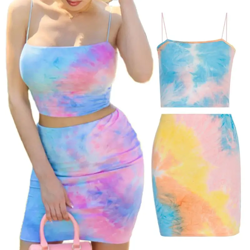 

Women Summer Gradient Tie-Dye 2 Piece Outfit Sling Camis Crop Top High Waisted Bodycon Mini Skirt Sexy Party Clubwear