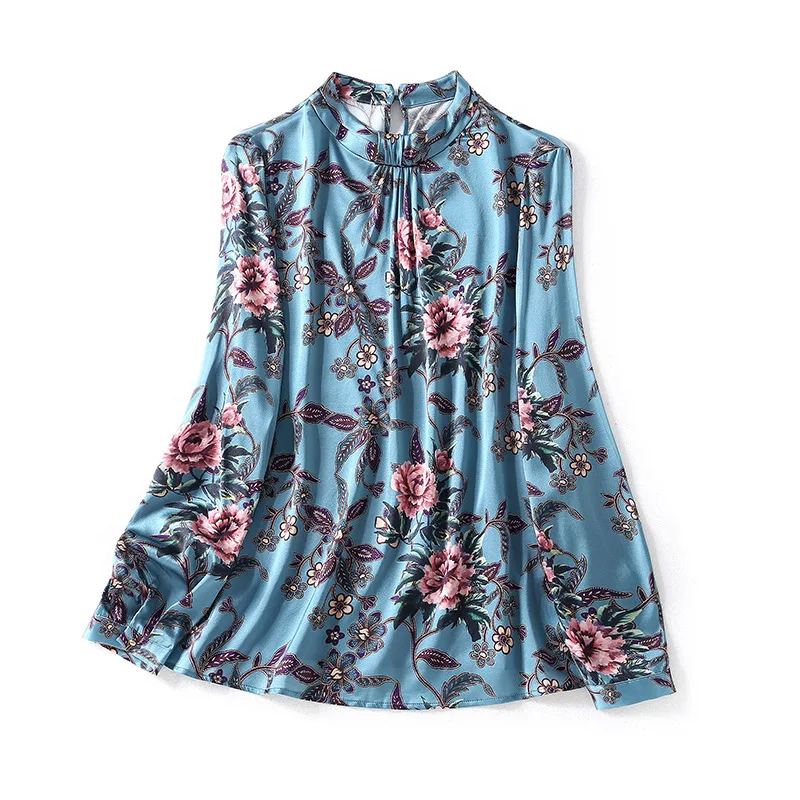 

New mulberry silk shirt collar retro floral print elastic silk satin long sleeved shirt jacket