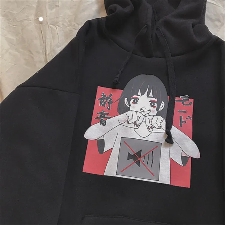 Harajuku Kawaii аниме девушка с капюшоном Толстовка японский Винтаж милый черный флис толстовка с рисунком женский объемный пуловер