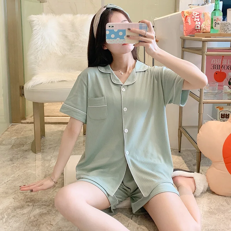 

100% Cartoon Pajama Sets for Women Short Sleeve Pyjamas Ladies Spring Autumn Sleepwear Home Clothes Nightwear Two Piece