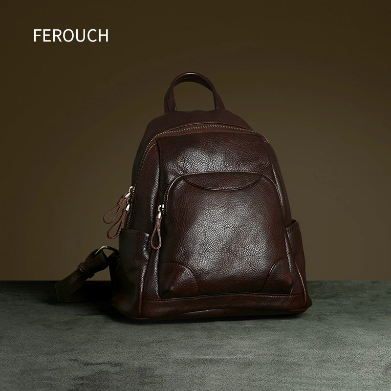 

2020 Women's Backpack Vegetable Tanned Leather Top Layer Cowhide Zipper Literary Retro Leisure Fashion Shopping Female Bag 9142