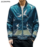 chinese style crane embroidery men polyester satin baseball bomber jacket stand collar zip up coat male outerwear