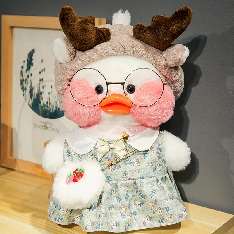 

Antlers Headband Cyan Clothes Strawberry Bag Hoodie Hyaluronic Acid Duck with Glasses Hat Plush Toy Stuffed Soft Birthday Gift
