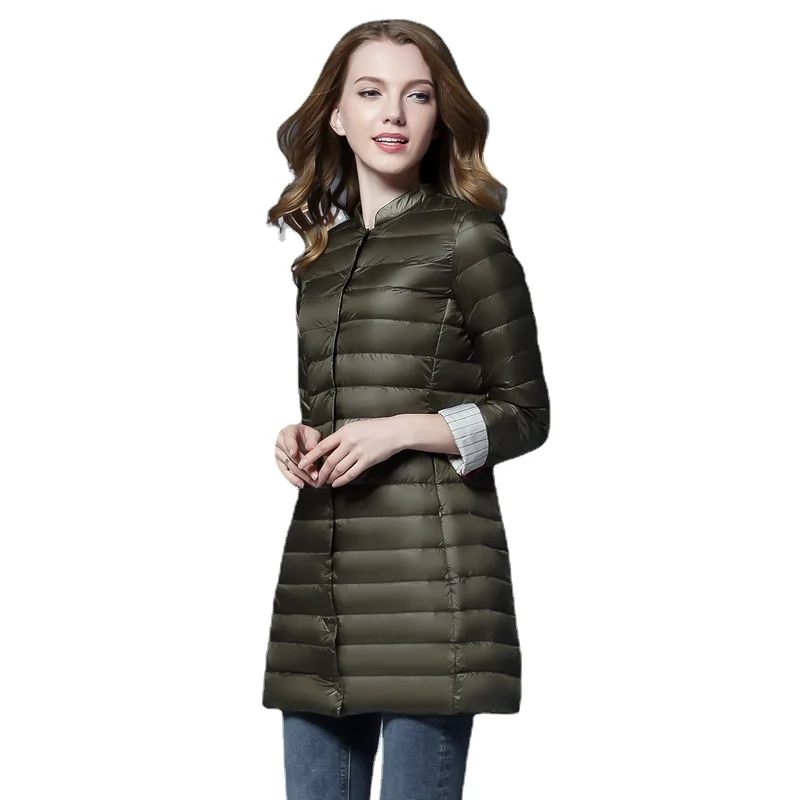 2020 Winter New  Commuter Light and Thin Collarless Mid-length Down Jacket Women's Lightweight Stand-up Collar Round Neck Coat