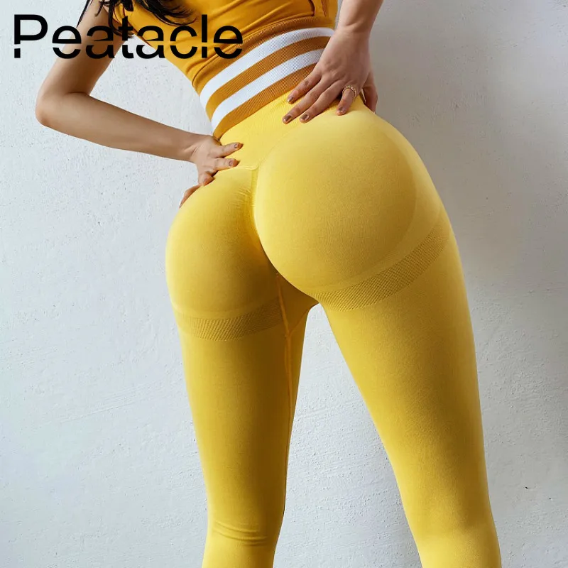 

Peatacle Leggins Sport Women Fitness Yoga Pants High Waist Seamless Scrunch Butt Sexy Yellow Super Stretchy Gym Tights Energy