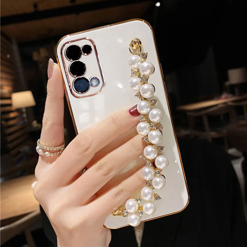 Luxury Plating Pearl Bracelet Shockproof Soft Case For OPPO Reno5 Reno6 Pro Reno4 Z A94 A95 A55 A35 A5 A9 A53 S 2020 Sexy Cover
