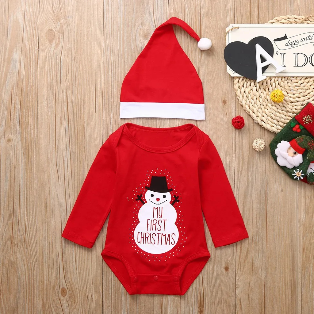 Рождественский детский комбинезон с надписью и рисунком снеговика + шапка