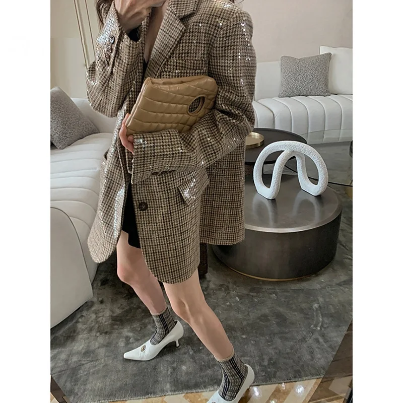 

2020 Autumn New Plaid Sequined Blazer Female Suit Collar Loose Retro British Coat