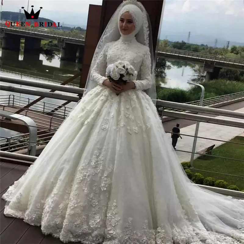 

Muslim Ball Gown Long Sleeve Tulle Lace Appliques Luxury Formal Wedding Dress White/Ivory Women Bride Dresses Custom Made DJ25