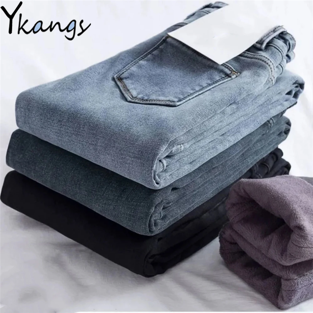 

Бархатные теплые зимние эластичные облегающие джинсы-карандаш, корейские обтягивающие женские джинсовые брюки с высокой талией, уличная о...