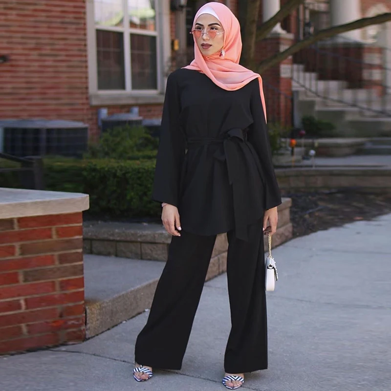black set Кафтан Marocain Дубай Абая турецкий комплект мусульманский хиджаб платье марокканский кафтан халат ислам Elbise ислам ic одежда для женщин Ropa - Цвет: black set