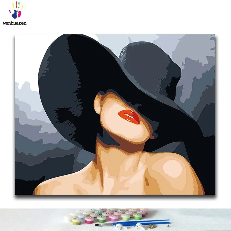 

DIY Coloring paint by numbers Sexy woman wearing a hat paintings by numbers with kits 40x50 framed