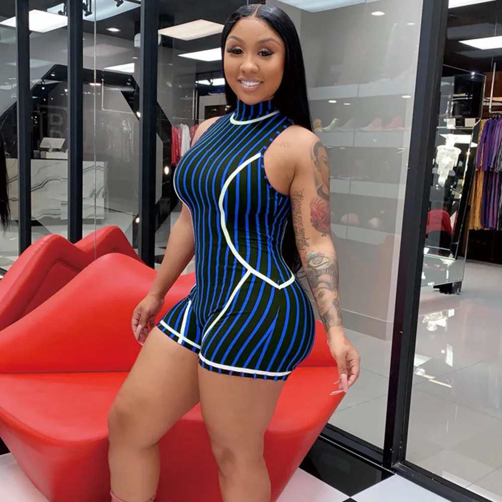 Пикантный Облегающий комбинезон в полоску Женский цельный костюм без рукавов