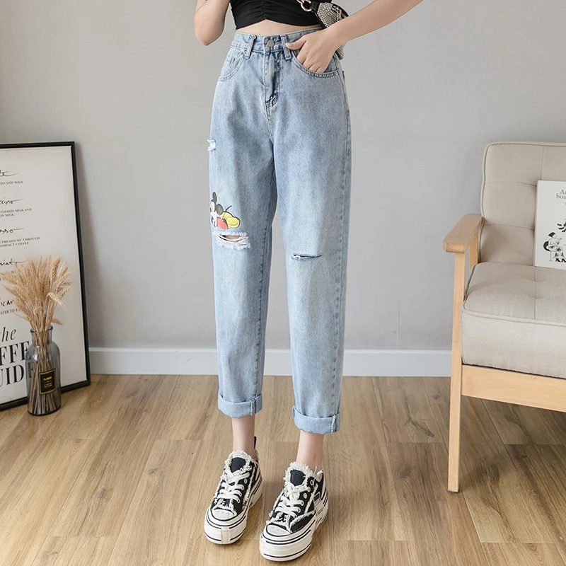 Женские джинсы с принтом Микки Мауса тонкие свободные шаровары дырками