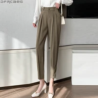 2022 new khaki black loose harem pants women elegant high waist ankle length ladies trousers button thin legs pencil pant suits