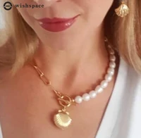 wishsapce popular women personality exaggerated chain collocation choker scallops pearl necklace