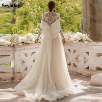 sevintage boho wedding dresses lace appliques high neck long sleeves wedding gown crystal modern bridal dress with big bow