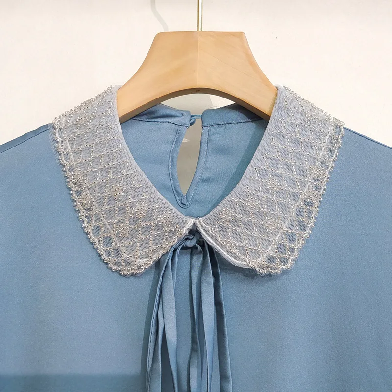 

Natural Real Silk Women Satin Shirt 2021 Summer Elegant Beading Peter pan Collar Bow Short Sleeve Office Lady Solid Blouse Tops