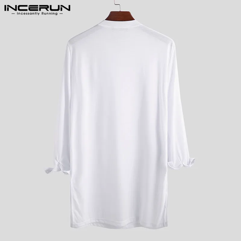 INCERUN Fashion Men T Shirt Solid O Neck Long Sleeve Pockets Hip-hop Tops Pakistan Casual Indian Long T-shirt Men Clothing
