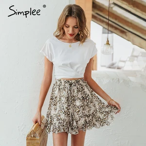 Женская леопардовая шифоновая пляжная юбка для лета, с бантом, эластичная мини-юбка с высокой талией, повседневная пикантная короткая юбка с оборками