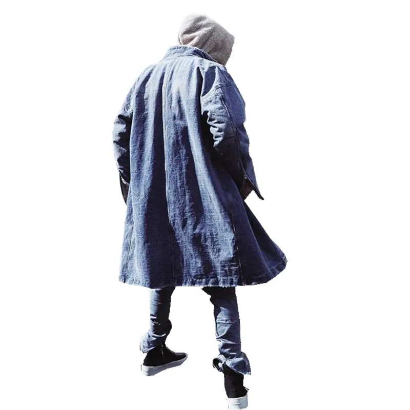 Длинный стиль High Street мужской джинсовый Тренч Ретро синяя джинсовая куртка на