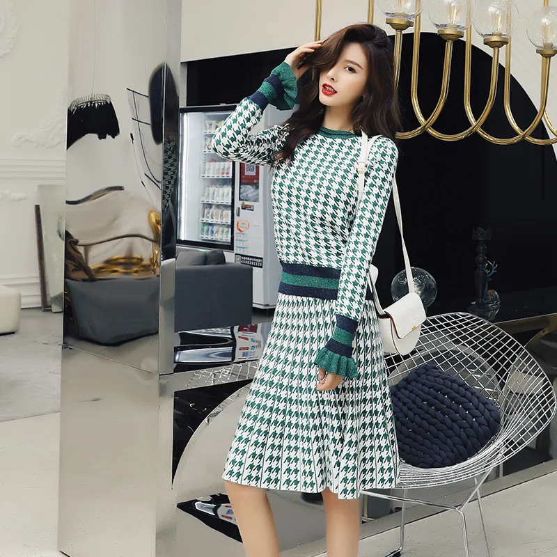 Контрастный цвет, золотая нить, узор «тысяча птиц», ушная раковина, рукав, круглый вырез, элегантный свитер, юбка, костюм для женщин, CY-018