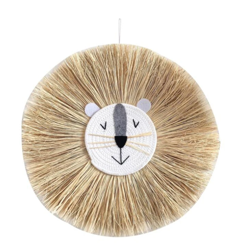 

2022 New Nordic Style Hand-Woven Tiger Lion Wall Decoration Handmade Raffia Hanging Ornament for Baby Room Nursery Photo Props