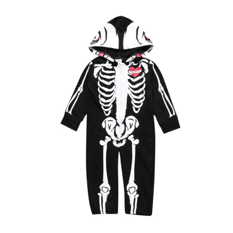 

Baby Bodysuits for Infants 2021 Halloween Fashion Skull Print Hooded Rompers Playsuits for Boy Cotton Long Sleeve Kids Clothes