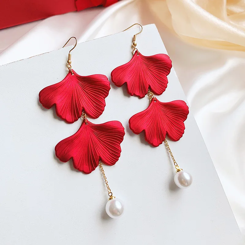 Aretes de mujer, современный стиль, дизайн, большие красные лепестки роз, серьги с кисточками, тренд, темперамент, летние корейские серьги для женщин