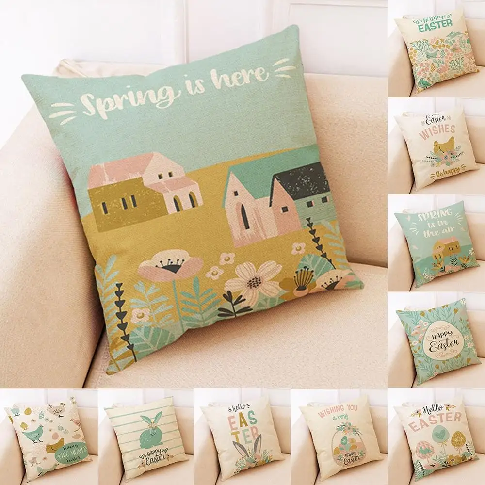 

18" Happy Easter Pillow Case Bunny Flower Truck Egg Pattern Printed Sofa Living Room Bedroom Home Decoration Cushion Cover