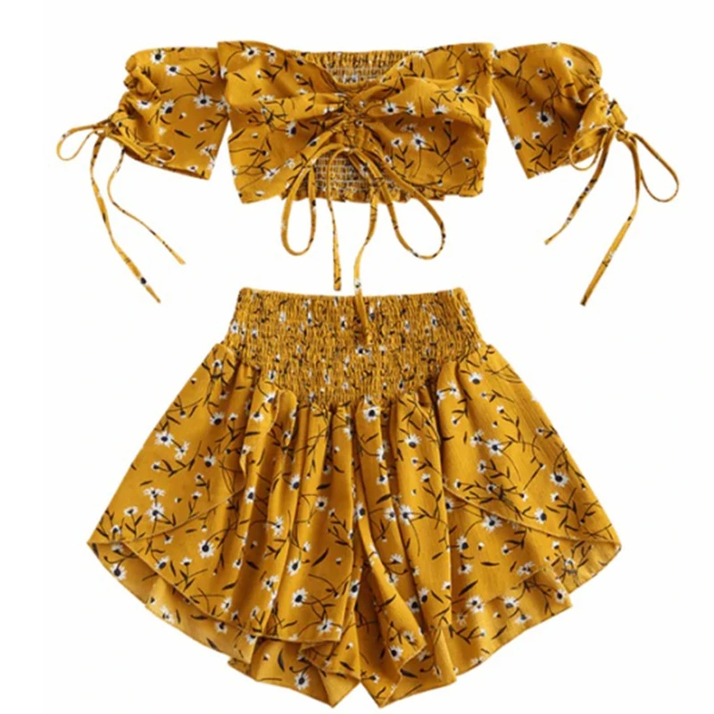 Женский пляжный комплект с открытыми плечами цветочным принтом и коротким