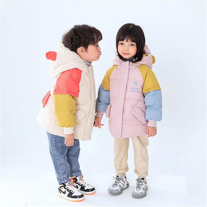 

Y49 Winter Children's Cute Fashion Thick Warm Hooded Patchwork White Duck Down Jacket Kids Jacket