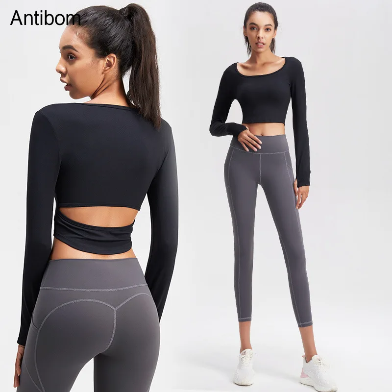 

Antibom Long Sleeve Crop Top Yoga T-Shirt Women Quick Dry Running Outdoor Thumb Hole Sportwear Gym Elastic Soft Shirt Hollow Out