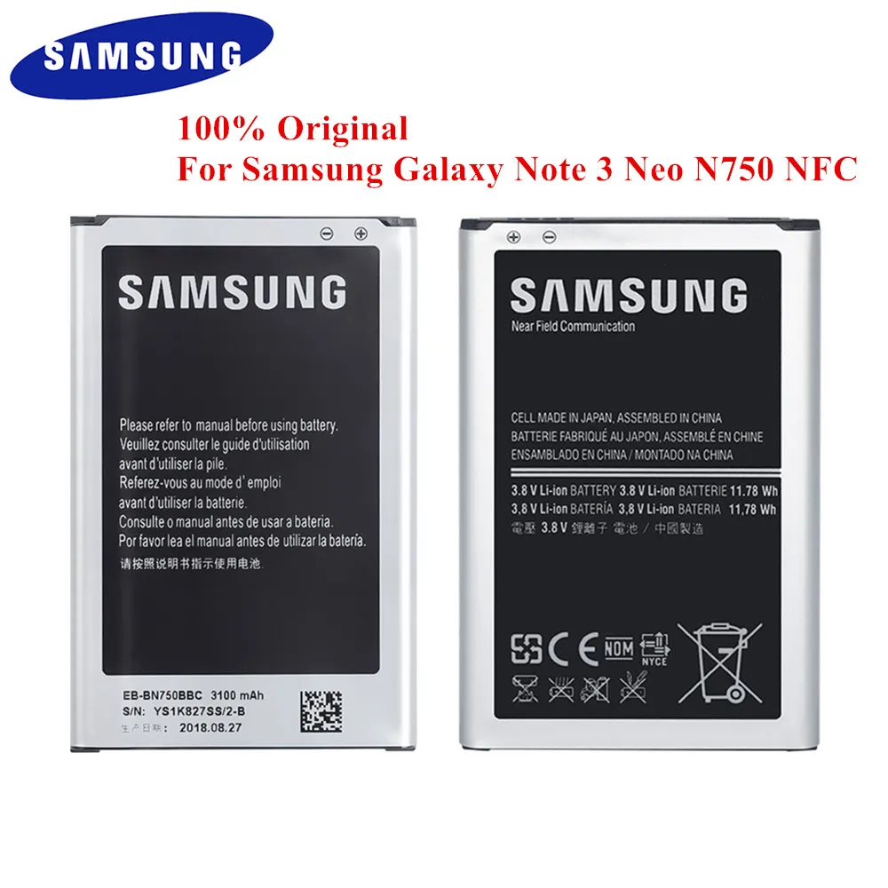 Оригинальная аккумуляторная батарея для Samsung Galaxy Note 3 Neo LTE EB BN750BBE N7505 N750K N750S 3100 мач