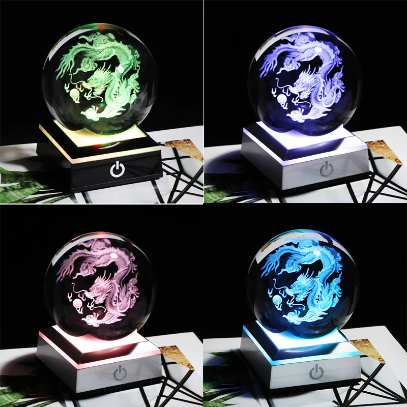 6 cm/ 8cm 3D Crystal Ball with Dragon Miniature Figurine Sphere Laser Engraved Craft Globe LED Base Home Decor | Дом и сад