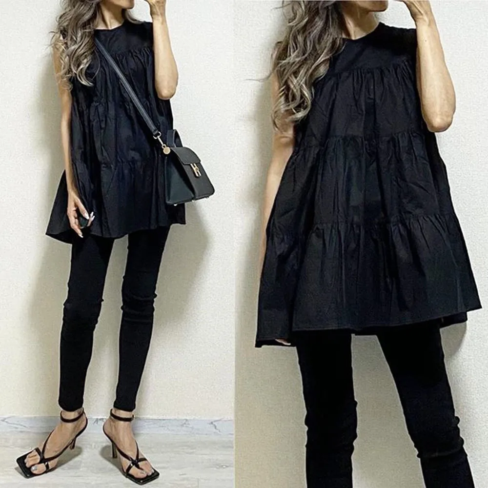 Черная блузка женская Свободная Повседневная Блузка без рукавов пуловер